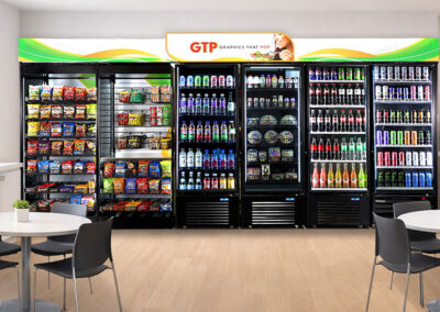 Magnetic header cooler and snack display for Graphics That Pop breakroom, great for micro markets, vending machines, and AI coolers